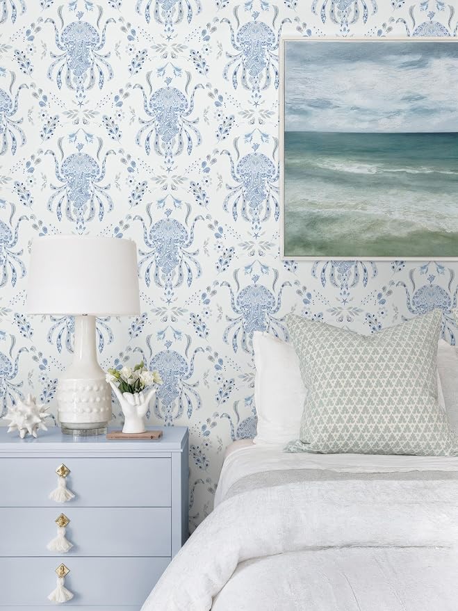 Dimoon Blue Peel and Stick Wallpaper Coastal Contact Paper Bathroom Ocean Beach Wallpaper Boho Jellyfish Renter Friendly Nautical Waterproof for Nursery Kitchen Bedroom Vinyl 17.3''x78.7'' - Image 4