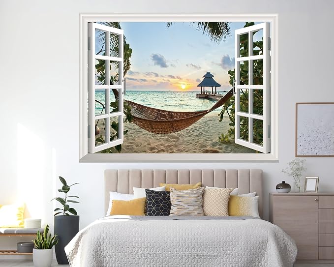 FLFK Fake Window Wall Sticker - Sunset Beach Faux Window Wall Mural for Wall Decor, Stick and Peel Wall Decals,80"x60",Set of 5 Sheets - Image 3