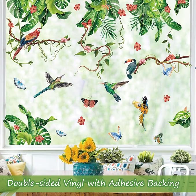Tropical Green Leaves Window Decals Summer Hanging Vines Stickers for Glass | Anti collision for bird collision, double-sided, reusable,removable, peel and stick, for living room kitchen bathroom door - Image 3