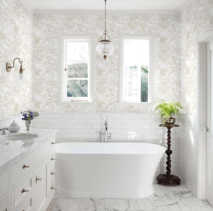 Ismoon Large Floral Peel and Stick Wallpaper Boho Beige Contact Paper 17.3inx6.5ft Neutral Wall Paper Removable Self Adhesive Wallpaper Bedroom Cabinet Bathroom Waterproof Mural Wall Decor Vinyl Roll - Image 7