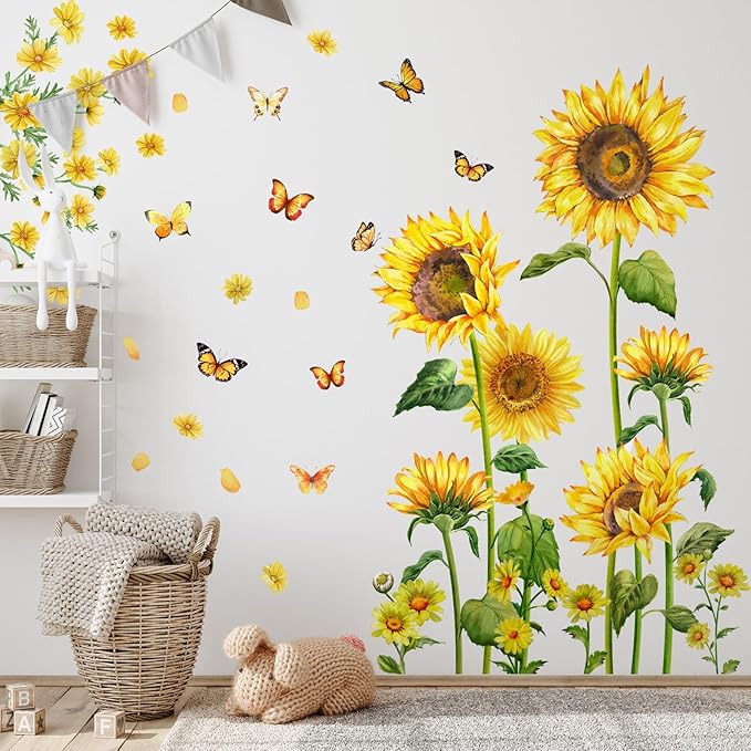 Sunflower Wall Decals Peel and Stick with Butterflies, Large Removable Sunflower Wall Stickers, Floral Wall Decor for Bedroom Living Room Nursery Office Cafe by MagiMural
