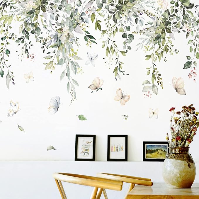Hanging Green Leaves Wall Decals Elegant Plants Wall Stickers DIY Vinyl Peel and Stick Butterfly and Leaf Wall Art Murals for Kids Girls Bedroom Living Room Offices Nursery Closet Ceiling Vertex Line (B) - Image 7