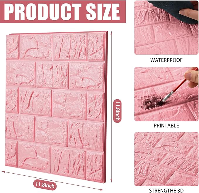Tinlade 30 Pcs 3D Wall Panels Peel and Stick Wallpaper Foam, Elegant Pink | Faux Brick Stone Tiles, Covering 28.8-48.4 Sq ft, Self Adhesive Waterproof Panels for Bedroom Living Room Kitchen Walls - Image 2