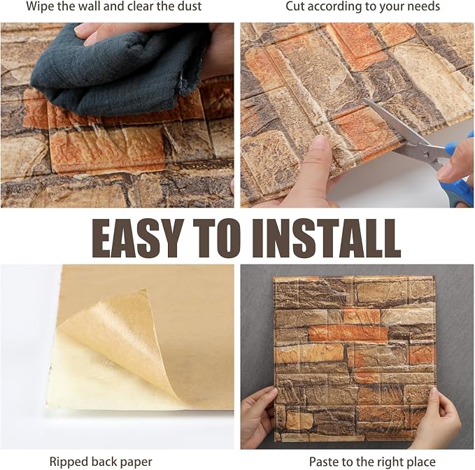 Colarr 60 Pcs 58 Sq ft 3D Wall Panels Peel and Stick Faux Foam 3D Brick Wallpaper Faux Paneling Adhesive Wall Covering Panels Decorative Medieval Tiles Waterproof for Bedroom(Retro Rock Color) - Image 5