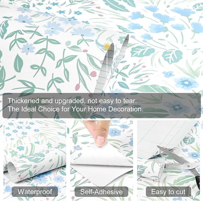 SOON AFTER Blue Boho Neutral Floral Peel and Stick Wallpaper, 17.3" x 472" Removable & Waterproof Vinyl Wallpaper, Flower Self-Adhesive Contact Paper for Nursery Bedroom Cabinets - Image 3