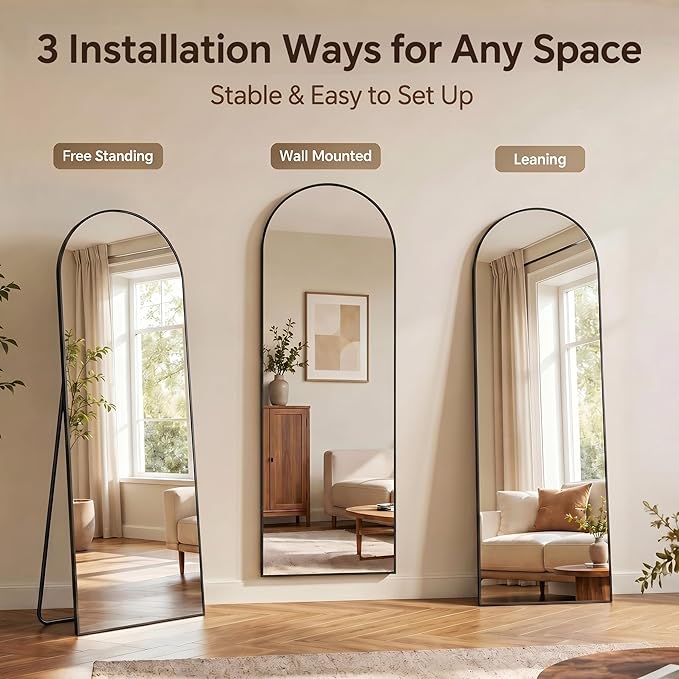 Antok Full Length Mirror, 58"x18" Floor Mirror with Stand, Black, Arched - Image 5