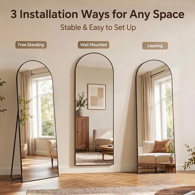 Antok Full Length Mirror, 59"x18.1" Floor Mirror with Stand, Black, Arched - Image 5
