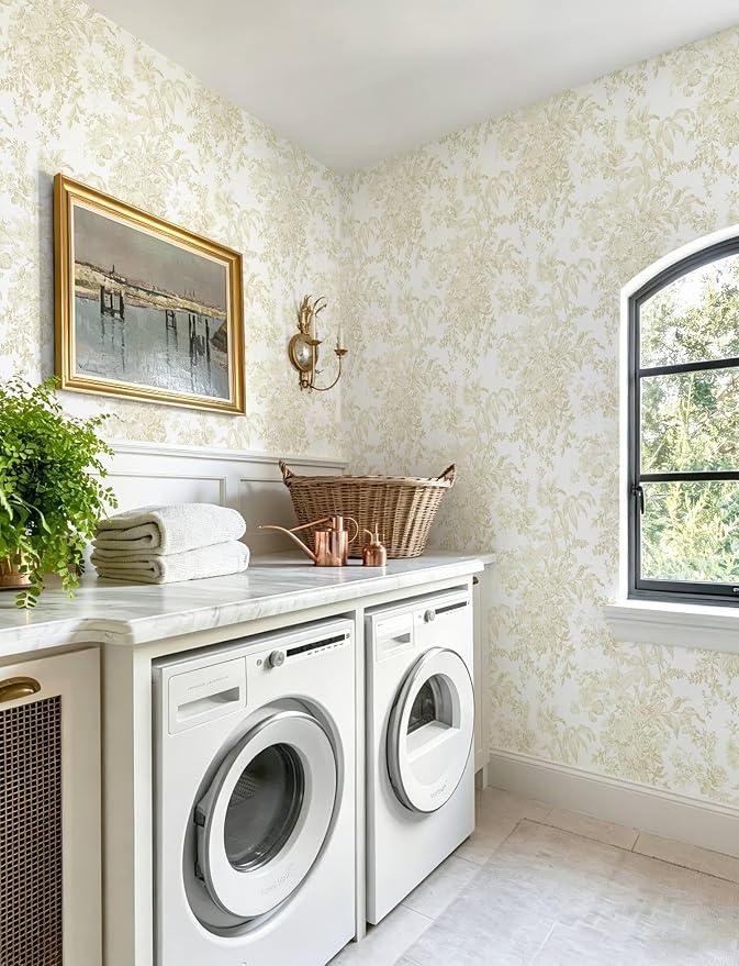 Heroad 17.3''X393'' Floral Peel and Stick Wallpaper Boho Beige Contact Paper Toile Leaf Wall Paper Removable Self Adhesive Stick on Wallpaper for Nursery Bathroom Bedroom Renter Friendly Vinyl Roll - Image 5