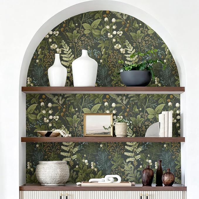 Nukofal Dark Floral Peel and Stick Wallpaper for Bathroom 16.9inx118.1in | Floral Contact Paper Dark Green Wallpaper Peel and Stick Leaf Waterproof Self Adhesive Removable for Kitchen Wall Decorative - Image 4