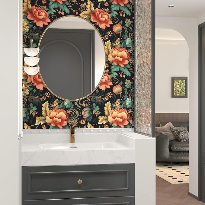 BOKEBEVE Floral Wallpaper Peel and Stick Vintage Black Orange 17.5 x 118In | Removable Self Adhesive Renter Friendly Boho Leaf Wall Paper for Bedroom Bathroom Living Room Feature Accent Wall - Image 5
