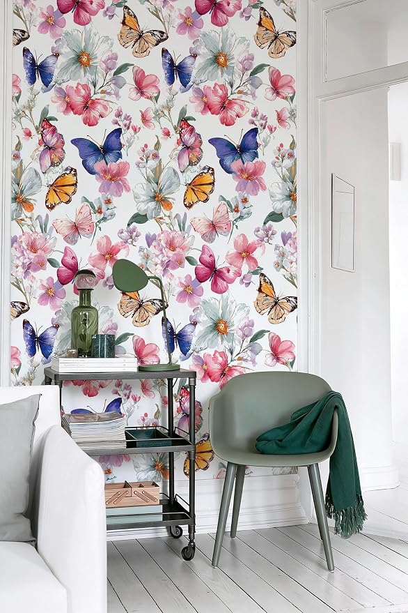 Floral Peel and Stick Wallpaper Butterfly Contact Paper 16.9in×118.1in Watercolor Floral Wallpaper Self Adhesive Removable Modern Flower Contact Paper Waterproof for Bathroom Cabinets Decor - Image 9