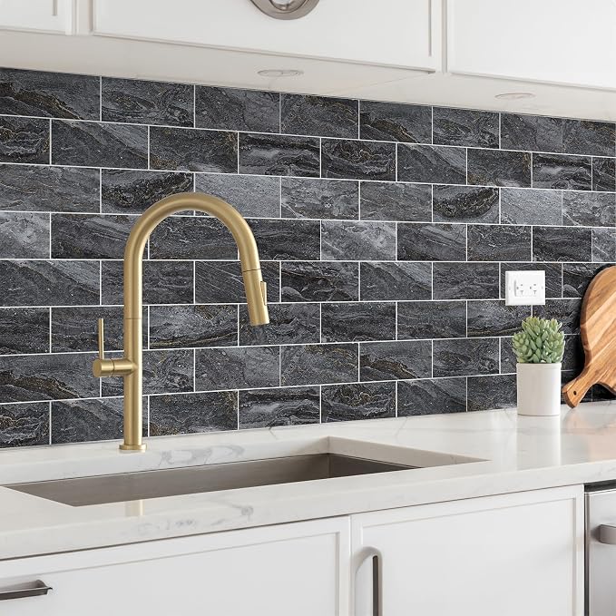 StyloVue 100 Pieces Peel and Stick Backsplash for Kitchen, 3" x 6" PVC Subway Tile 2026 Upgraded Gray-Gold Stone Backsplash Stick on Tile Elevate Kitchen Fireplace RV - Image 2
