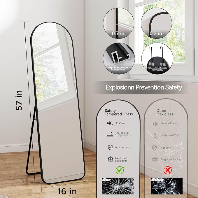 57x16" Full Length Mirror Floor Stand,Over the Door,Wall Mounted Black - Image 4