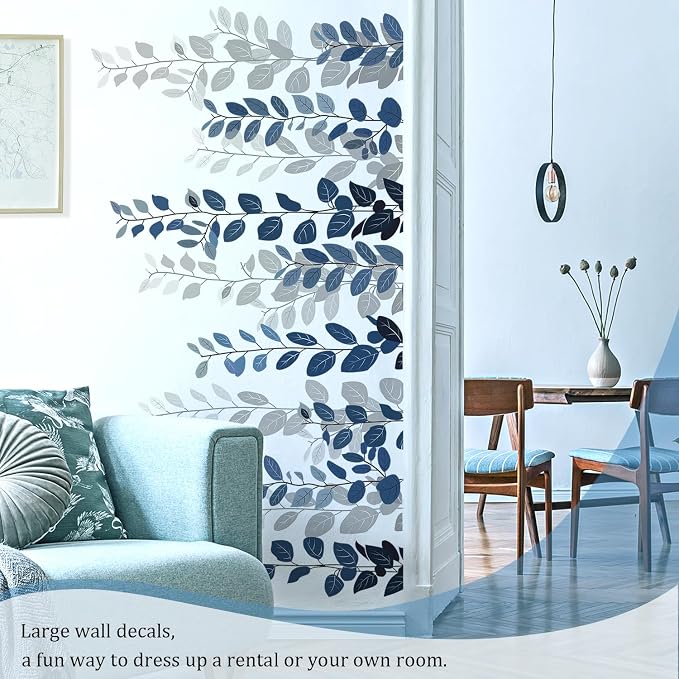 Blue Hanging String of Eucalyptus Wall Decals Peel and Stick, Large Plants Vinyl Wall Stickers, Removable Vine Home Decor Art for Bedroom Living Room Classroom Office - Image 8