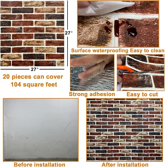20-Pack 104 Sq.Ft 3D Wall Panels Peel and Stick 3D Faux Brick Wallpaper Peel and Stick Grey Faux Stone Wall Panel Foam Brick Self-Adhesive 3D Wallpaper - Image 6