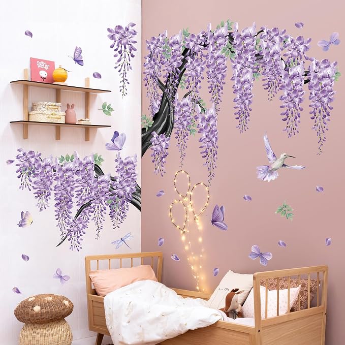 Amaonm 65x42 Inch Large Watercolor Black Tree Branch Wall Decals Peel & Stick Wall Stickers with Purple Flowers Vines, Butterflies & Birds, DIY Removable Wall Art for Living Room, Nursery Decor - Image 6
