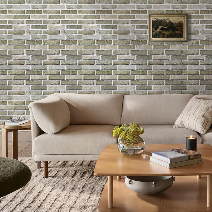COMSTICKC 3D Faux Brick Wall Panels Peel and Stick Decorative Tiles Sticker | 10 Pcs 15.7" x 11.8", Green-Gray, Not Real Brick, Thin PVC Fake Brick Backsplsh Wall Covering for DIY, Cover 12.9 sq ft - Image 6