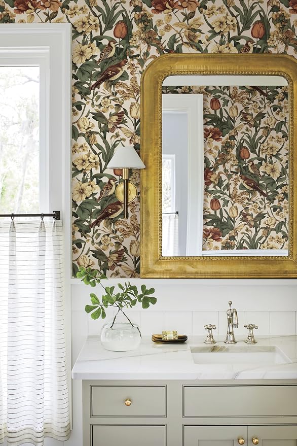 Erfoni Bird Floral Peel and Stick Wallpaper Vintage Contact Paper for Walls | 17.3" x 394" Boho Floral and Leaf Self Adhesive Wallpaper Retro DIY Removable Wallpaper for Livingroom Decor Vinyl Roll Beige - Image 7