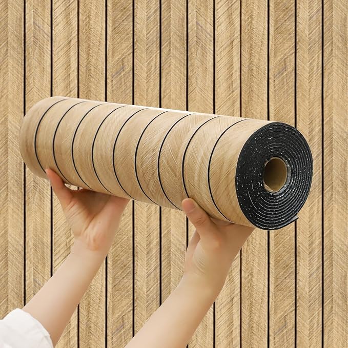 Chejiaye Peel and Stick 3D Wall Panel -23.6"x118"Soundproof Self-Adhesive Wall Sticker, Removable Thick PVC Slat Contact Paper for Kitchen Bedroom,Ceiling Wall Decoration Wood Grain (Dark Brown) by Chejiaye