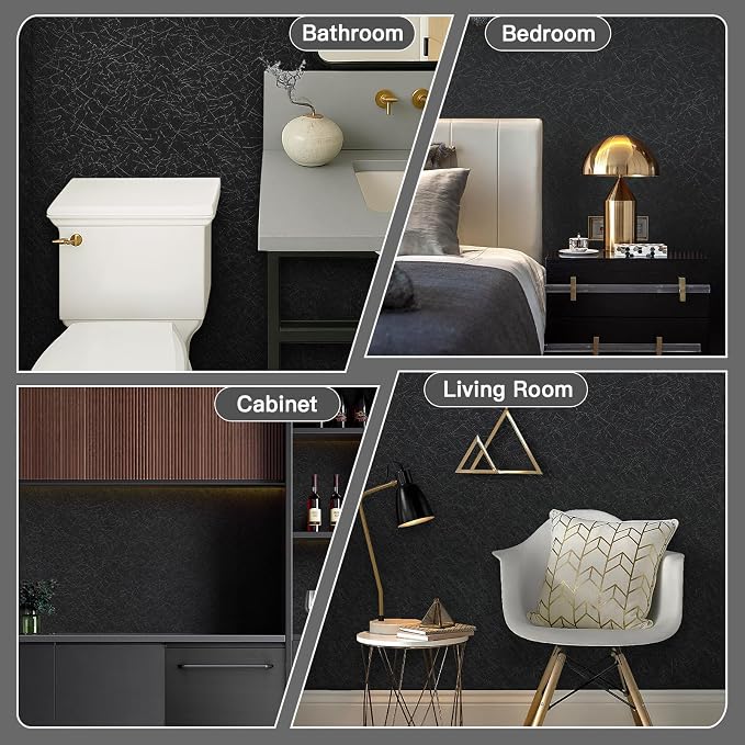 Safiyya 17.3 inch X 590 inch Wallpaper Black Silk Textured Wallpaper Peel and Stick Modern Solid Color Wall Paper Removable Contact Paper for Bedroom Vinyl Rolls - Image 6