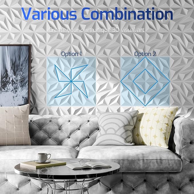 3D Wall Panels White 16 Pack (Covers 15.5 Sq.Ft), 12" x 12" Diamond Texture Premium PVC Wall Tiles for Interior Decor, Waterproof & Paintable Accent Paneling for Gaming Room, Living Room - Image 4