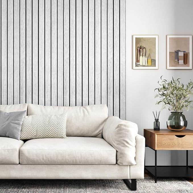 Wood Slat Panel for Interior Wall Decor Textured 3D Walls Paneling | Self Adhesive Soundproof Peel and Stick Wooden Slats Wall Panel for Bedroom Bathroom Living Room 118"x 23.6" White/Grey - Image 2