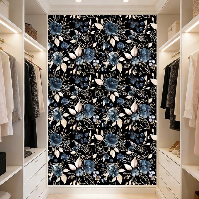 Black Gold Floral Peel and Stick Wallpaper 17.7"x118" | Removable thick vinyl, dark botanical design with navy blue flowers, bedroom, bathroom, renter friendly accent walls - Image 8