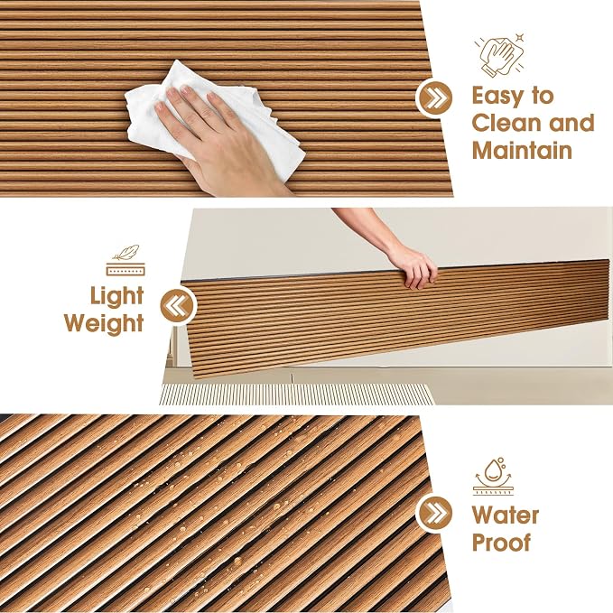 PS Wood Slat Wall Panels for Interior Wall Decor,20-Pack | 78.74 x 11.81 in, Covers 129 sq.ft, Lightweight Self-Adhesive Wall Panels, 3D Wainscoting Wall Covering - Teak - Image 5
