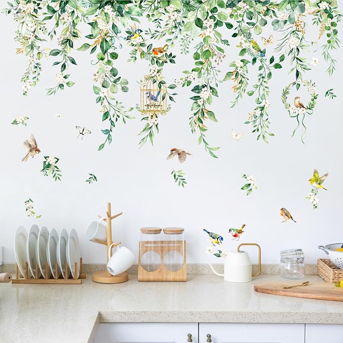 Supzone Hanging Vine Leaves Wall Decals - 45" x 28" Green Eucalyptus Leaves Flowers Birds Vinyl Wall Stickers for Living Room Bedroom TV Sofa Backdrop Decor - Image 7