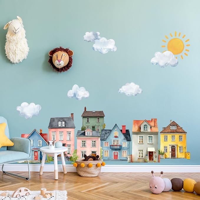 Watercolor Towns Village Wall Decal, Peel and Stick Nursery Mural Wall Stickers for Kids, Boys and Girls Room, Bedroom & Toddler Room Decor - Image 4