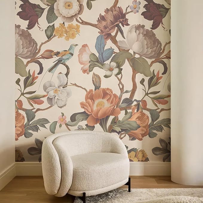 Zeeko Vintage Beige Floral Peel and Stick Wallpaper Mural, 98" x 59" | Large Flower Art Deco Wall Murals, Ideal for Bedroom TV Background Wall Paintings, Home Decor - Image 3