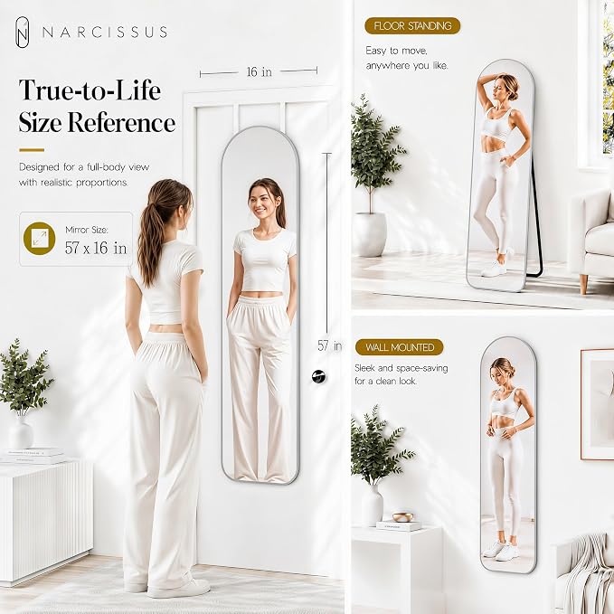 NARCISSUS Full Length Mirror 57x16 Inch, Over The Door Mirror with Stand, Wall Mounted or Freestanding/Door Hanging Full Body, Aluminum Alloy Frame, Silver - Image 3