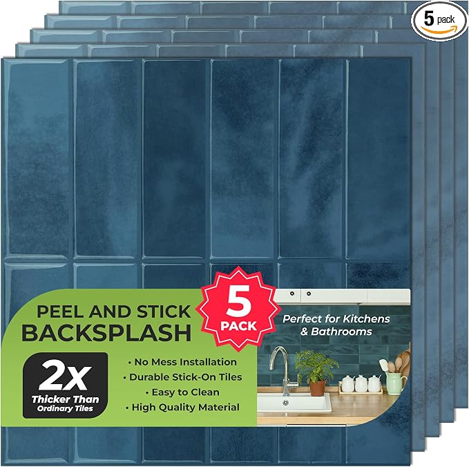 Select 5 Pack Peel and Stick Backsplash Square Tiles, 12x12 in, Blue | Extra Thick 3D Wall Panels, Heat & Water Resistant, Easy DIY Kitchen, Bathroom, Laundry, Fireplace & Rental Home Wall Décor by selectlighting