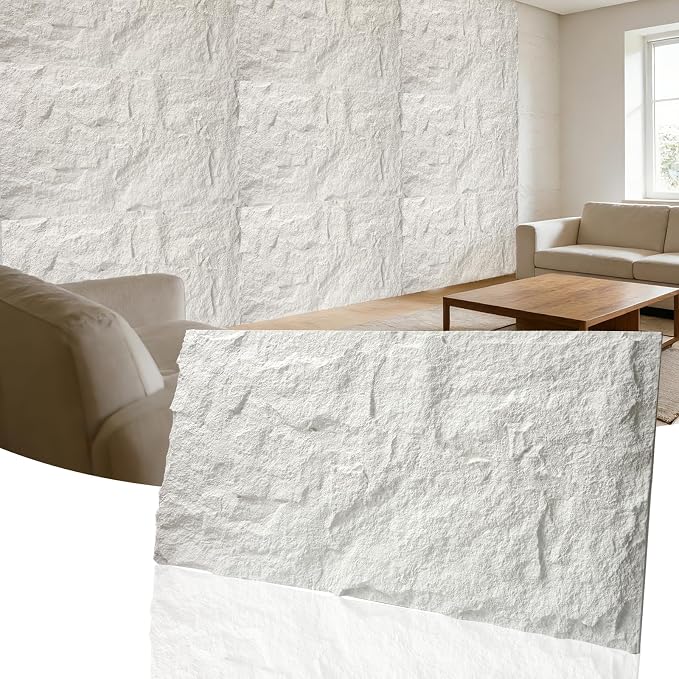 3D Faux Stone Wall Panels, 1.18" (30MM) Extra Thick PU Stone Panels for Interior Wall Decor, 4 Pack Waterproof Lightweight Cement Texture Accent Panels for Living Room, Office, 47.2" x 23.6", White by Unknown