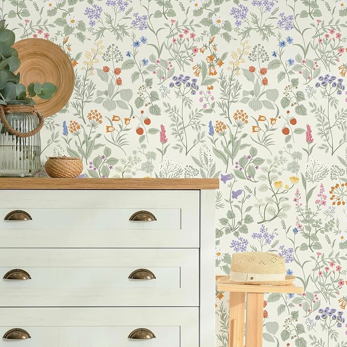 Dimoon Floral Wallpaper Peel and Stick Floral Leaves Contact Paper Beige Green Renter Friendly Wallpaper Removable Textured Farmhouse Cottage Wall Paper for Bathroom Bedroom Vinyl Roll 17.3" X 78.7" - Image 2