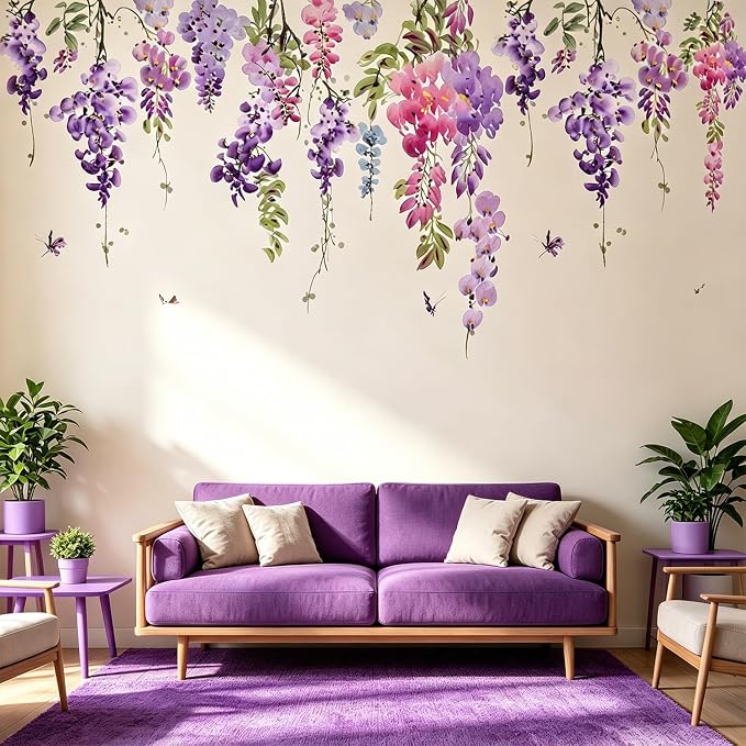 Purple Flowers Wall Decals Peel and Stick, Large Hanging Floral Vinyl Wall Stickers, Removable Vine Home Decor Art for Bedroom Living Room Classroom Office by VePret