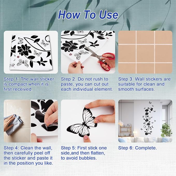 Black Flower Wall Stickers, Vines & Butterfly Wall Decals Peel and Stick | Removable Art Decoration for Bathroom Living Room Bedroom Door Murals - Image 5