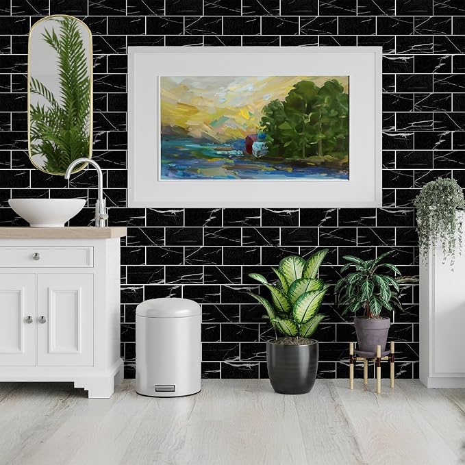 StyloVue 100 Pieces Peel and Stick Backsplash for Kitchen, 3" x 6" PVC Subway Tile Upgraded Nero Marquina with White Grout Backsplash Stick on Tile Elevate Kitchen, Bathroom, Fireplace,RV - Image 4