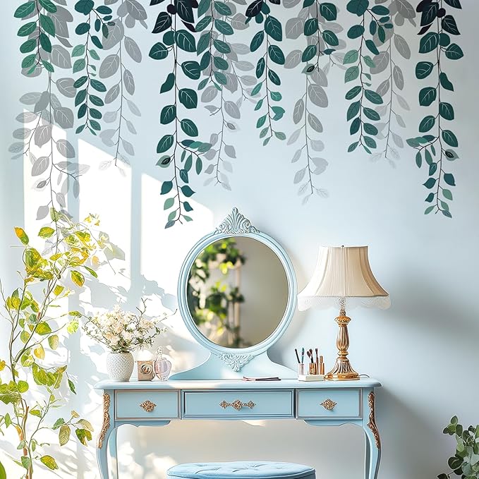 Green Hanging String of Eucalyptus Wall Decals Peel and Stick, Large Plants Leaf Vinyl Wall Stickers, Removable Vine Home Decor Art for Bedroom Living Room Classroom Office by VePret