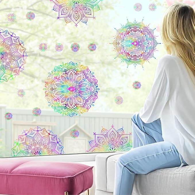 Colorful Mandala Wall Decal Half Mandala Window Wall Stickers Lotus Flower Decals Peel and Stick Modern Art Stickers Removable Minimalist Headboard Decals for Bedroom Living Room Decor - Image 8