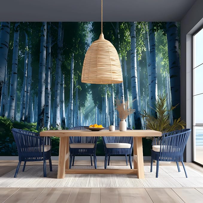 ASJ Forest Peel and Stick Wallpaper Mural, Birch Tree Fern Green | Seamless edge-to-edge match. Sunlight rays nature artwork, 177x102 in, premium fabric, living room bedroom decor. - Image 6