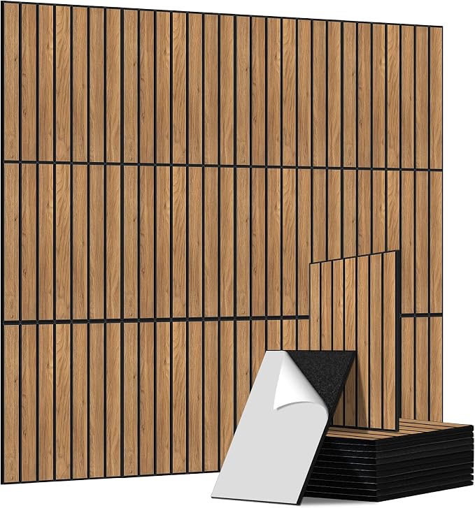 Acoustic Panels,12 Pack Sound Panel 11.8”x15.7”x0.35”,Rustic Teak | Simulated PVC Wood Grain Finish,Peel and Stick Wall Panels,100% Polyester Fiber Soundproof Wall Panels for Interior Wall by AUTORIFIC
