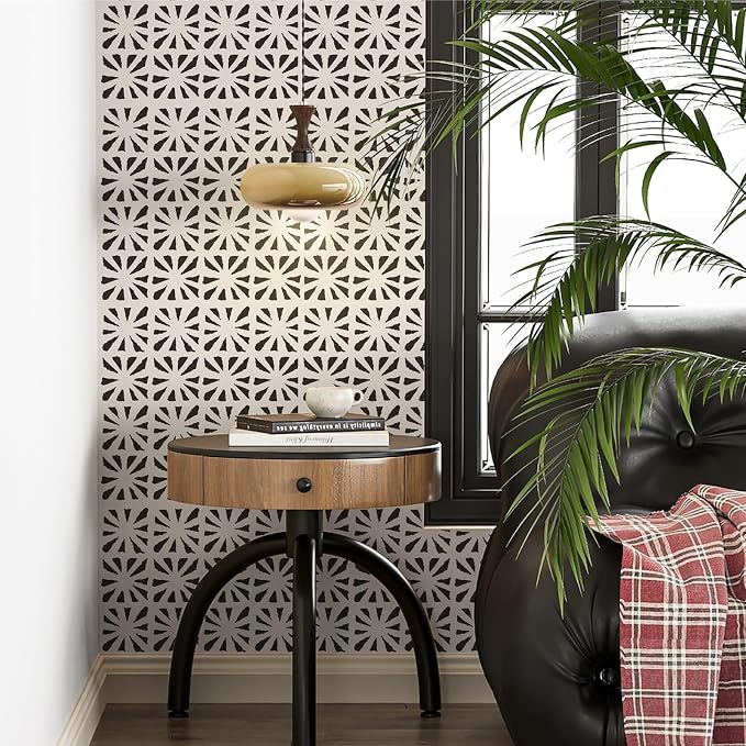 Ismoon Peel and Stick Wallpaper Boho Geometric Wallpaper Black and Beige Contact Paper 17.3'' x 78.7'' Removable Self-Adhesive Wall Paper Vintage for Cabinets Bathroom Bedroom Wall Decor - Image 3