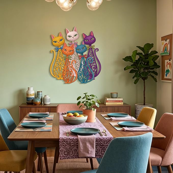 Wesiti 5 Pcs Cat Metal Wall Art, Colorful Retro Mid Century 10.5x11 | Hollow Iron Sculptures for Cat Lovers, Home Living Room Bedroom Kitchen Office Decor, Vintage Artistic Design - Image 5