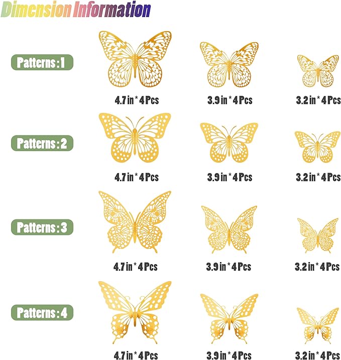 SAOROPEB 3D Butterfly Wall Decor 48 Pcs Gold Butterfly Birthday Decorations | 4 Styles 3 Sizes, for Butterfly Birthday Decorations Butterfly Party Decorations Cake Decorations, Removable Stickers - Image 5