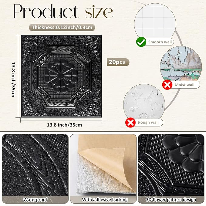 Nuanchu 30 Pcs 13.8 x 13.8 Inch Ceiling Tiles Peel and Stick, Black | Foam White 3D Wall Panels 26-105.5 Sq. ft Adhesive Glue up Waterproof Wallpaper for DIY Office Home - Image 2