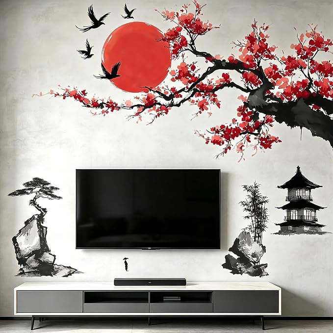 Chinese Landscape Wall Decals Peel and Stick, Large Cherry Blossom Tree Wall Stickers & Murals, Removable Home Decor Art for Bedroom Living Room Classroom Office - Image 3