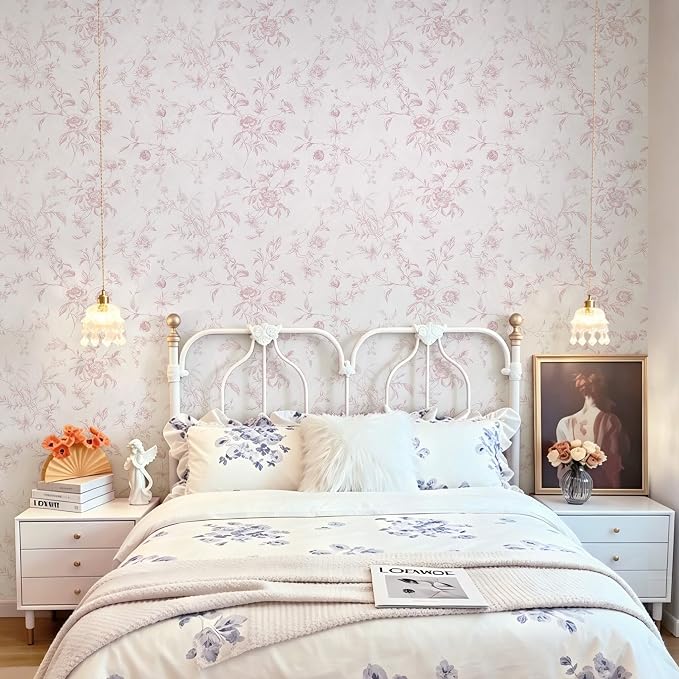 Ismoon Pink Floral Peel and Stick Wallpaper Vintage French for Bedroom | Textured Botanical Contact Paper Removable Self Adhesive Wallpaper for Bathroom Vinyl Roll Renter Friendly 17.3in×9.84 ft - Image 8