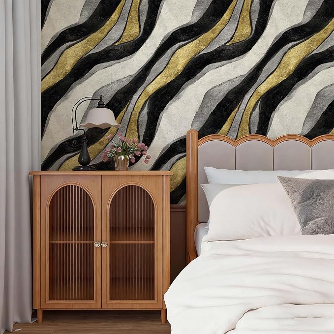 Luxury Black White Gold Fluid Modern Marble Peel and Stick Wallpaper Self Adhesive 17.72" x 236.21'' Textured Wavy Agate Wall Paper Renter Friendly Removable Waterproof for Living Room Bedroom - Image 5