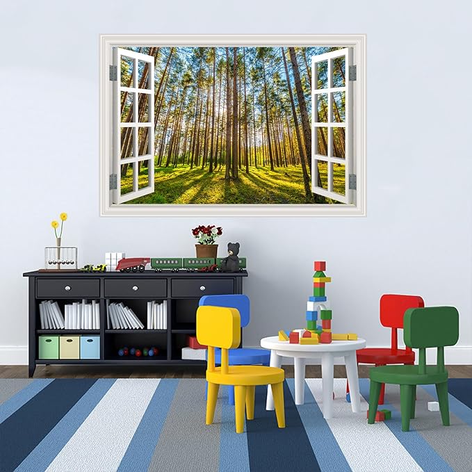 Fake Window Wall Decal- Morning Sunlight in The Forest Open Wall Sticker | Faux Window Natural Scenery Landscape Mural｜ Stick and Peel Decals｜for Home Room Bedroom Office Scene Picture Decor｜24"x16" - Image 7